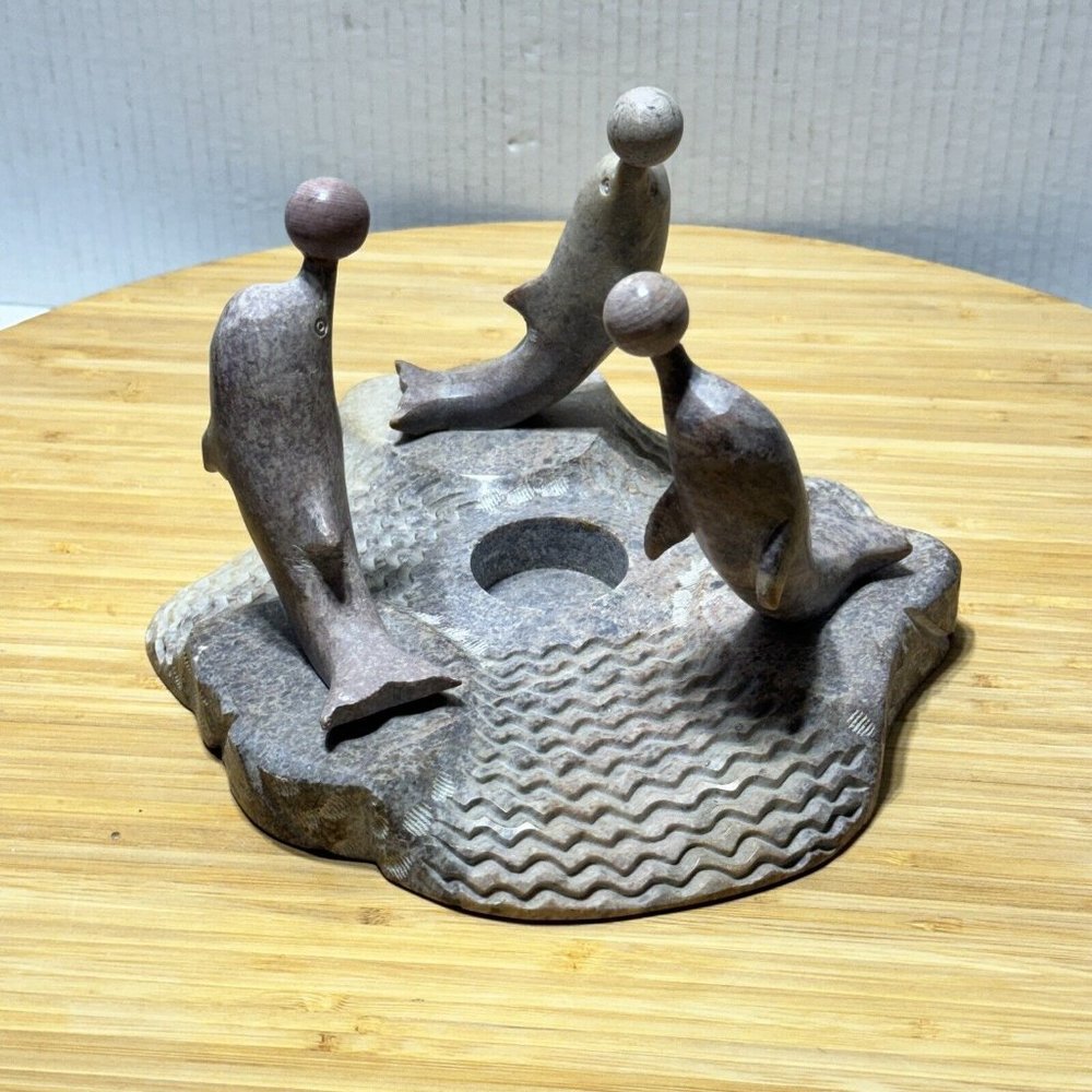 🕯️ Carved Soapstone (3) Dolphin's Candle Holder Sculpture Decor
